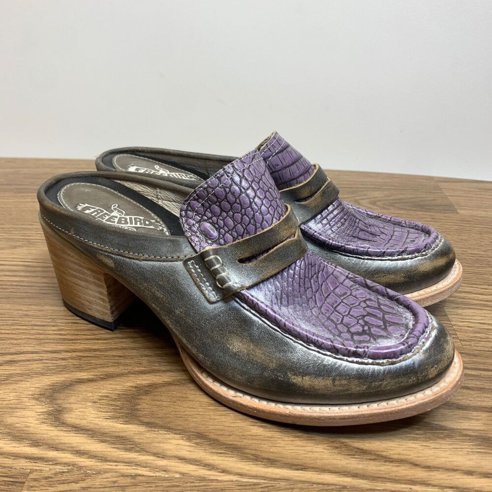Freebird Collins Mule Size 9 Crocodile Purple Mule Distressed Leather Slip Onโ